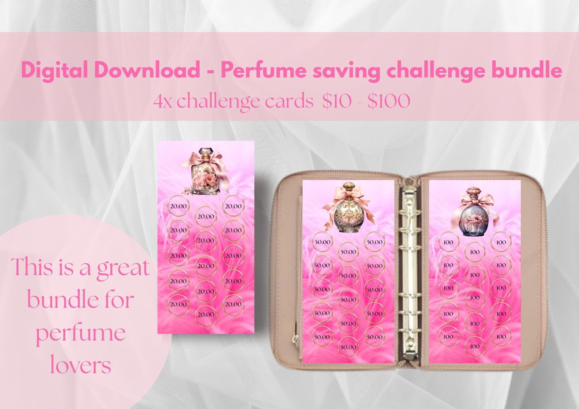 Perfume Savings Challenge | Small Income Saver Printable | Pink Budget Binder Tracker | Elegant Perfume Theme