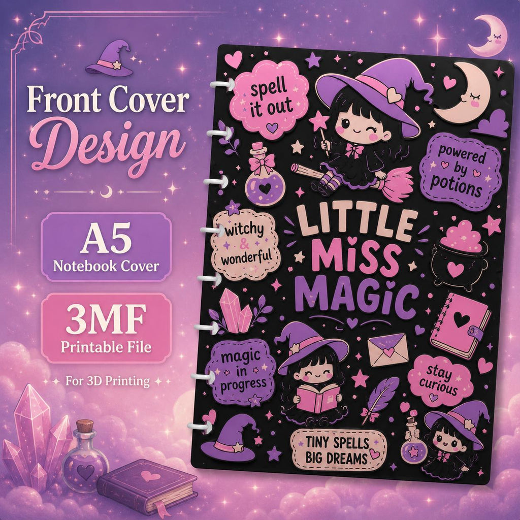 Little Miss Magic A5 Notebook Cover 3MF File | Witchy 3D Printable Front Back Rings | Cute Witch Notebook Cover Bundle