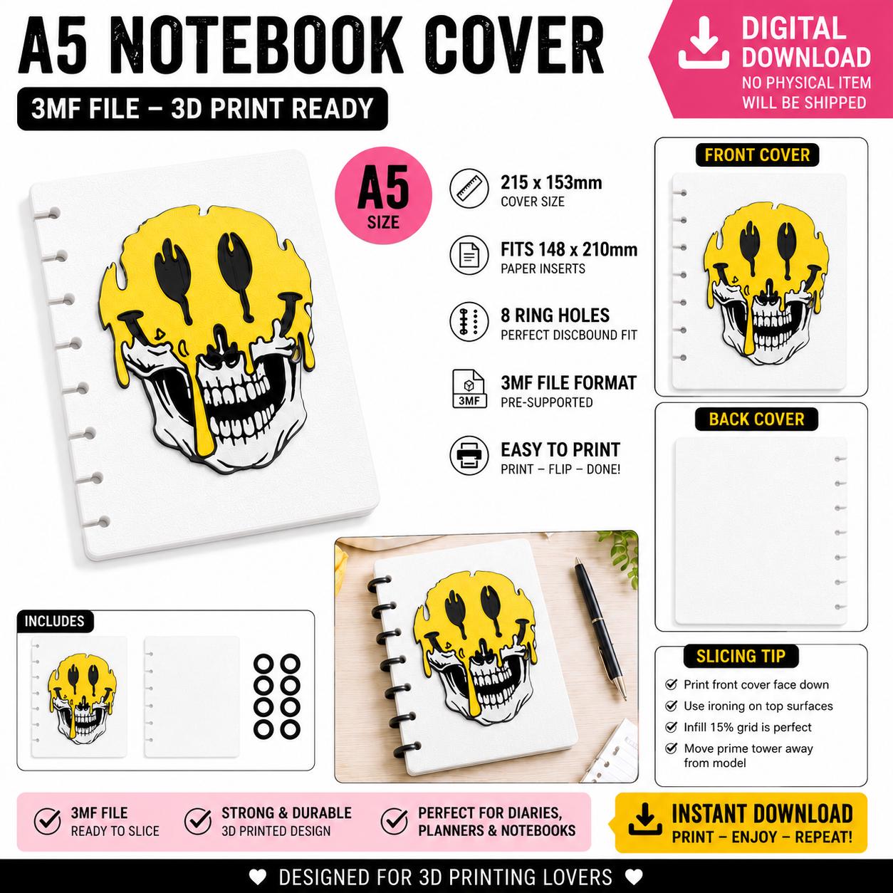 A5 Melting Smiley Skull Notebook Cover 3MF, Multicolour 3D Printable Set