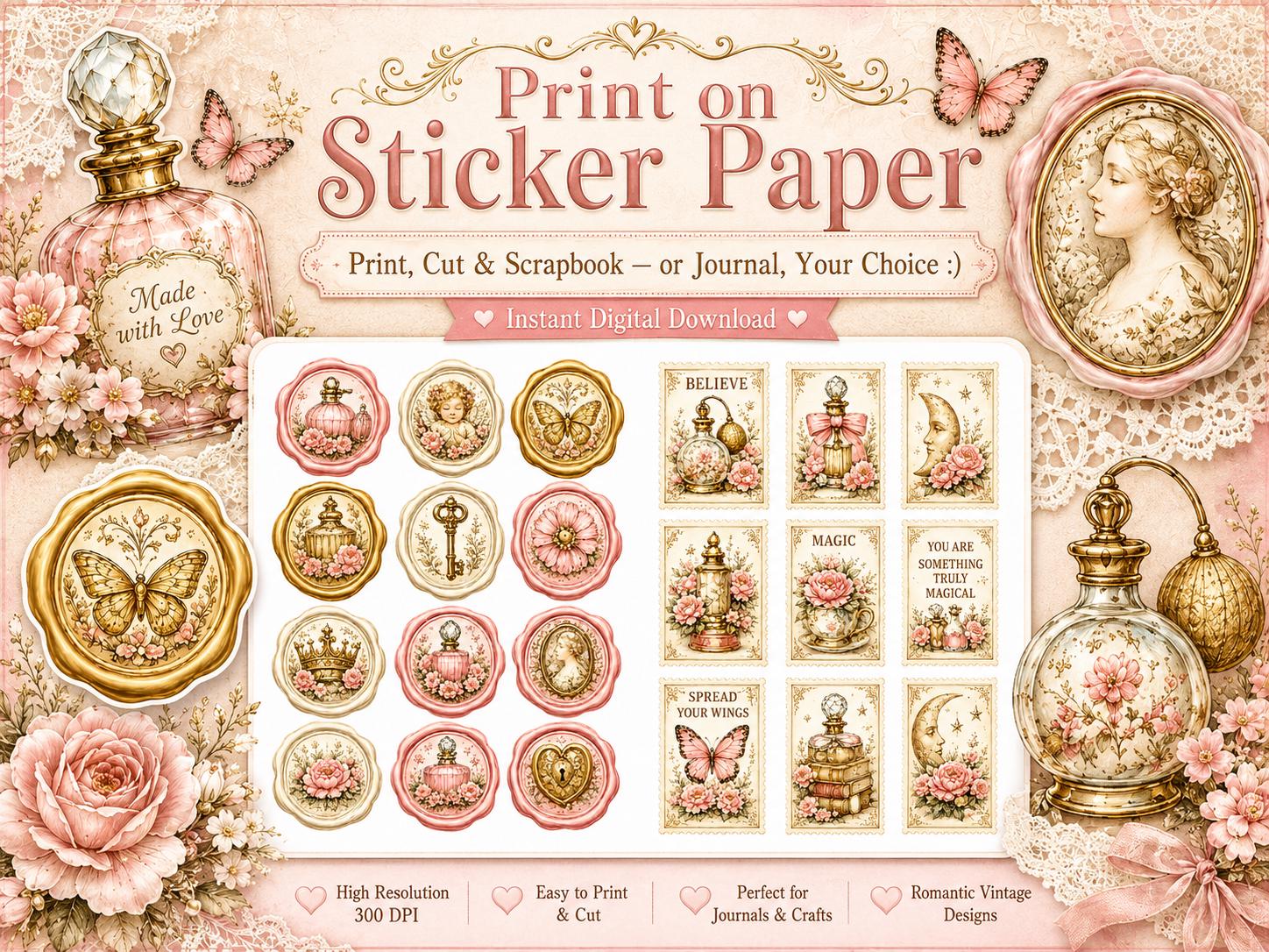 Vintage Perfume Scrapbooking Bundle, Printable Junk Journal Ephemera, Pink Rose Tags, Cards, Envelopes and PNG Stickers