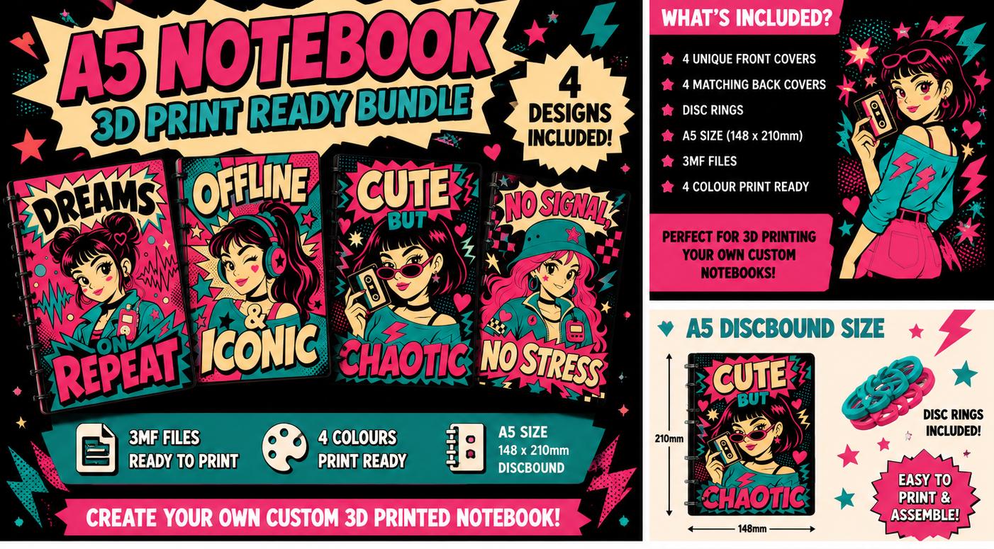 A5 Notebook Cover 3MF Bundle, 4 Retro Comic Designs, Front Back and Rings, 4 Colour 3D Print Files