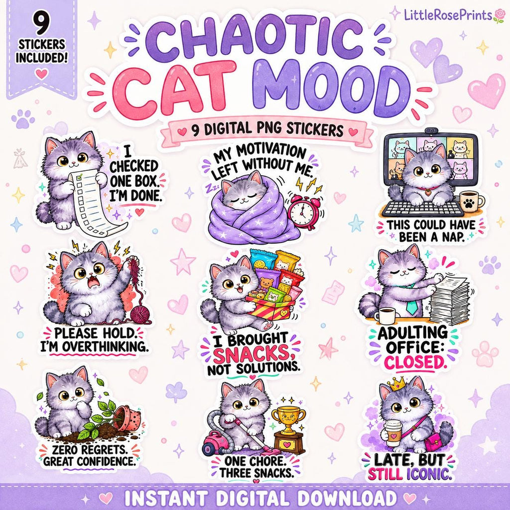 Kawaii Cat PNG Bundle, 9 Funny Digital Stickers for Planners, Journals & Print and Cut