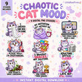 Kawaii Cat PNG Bundle, 9 Funny Digital Stickers for Planners, Journals & Print and Cut
