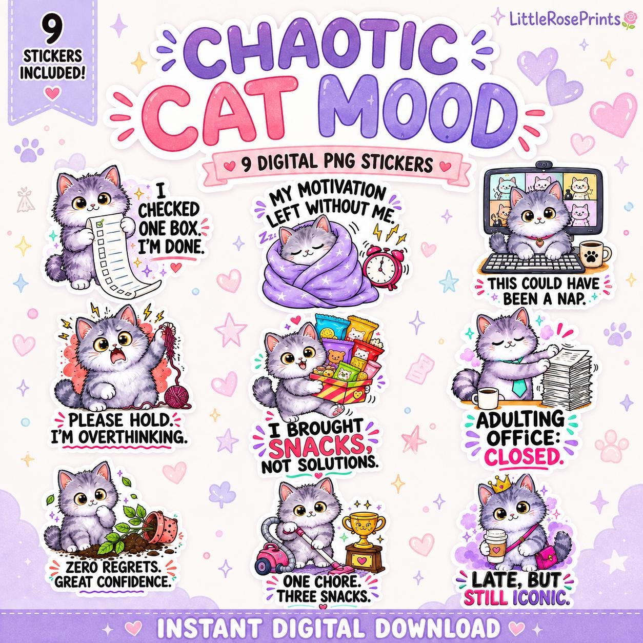 Kawaii Cat PNG Bundle, 9 Funny Digital Stickers for Planners, Journals & Print and Cut