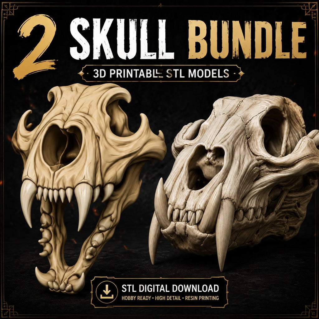 2 Skull STL Bundle | 75mm & 120mm Fantasy Skull Models | 3D Printable Resin Files | Digital Download | Hobby Ready