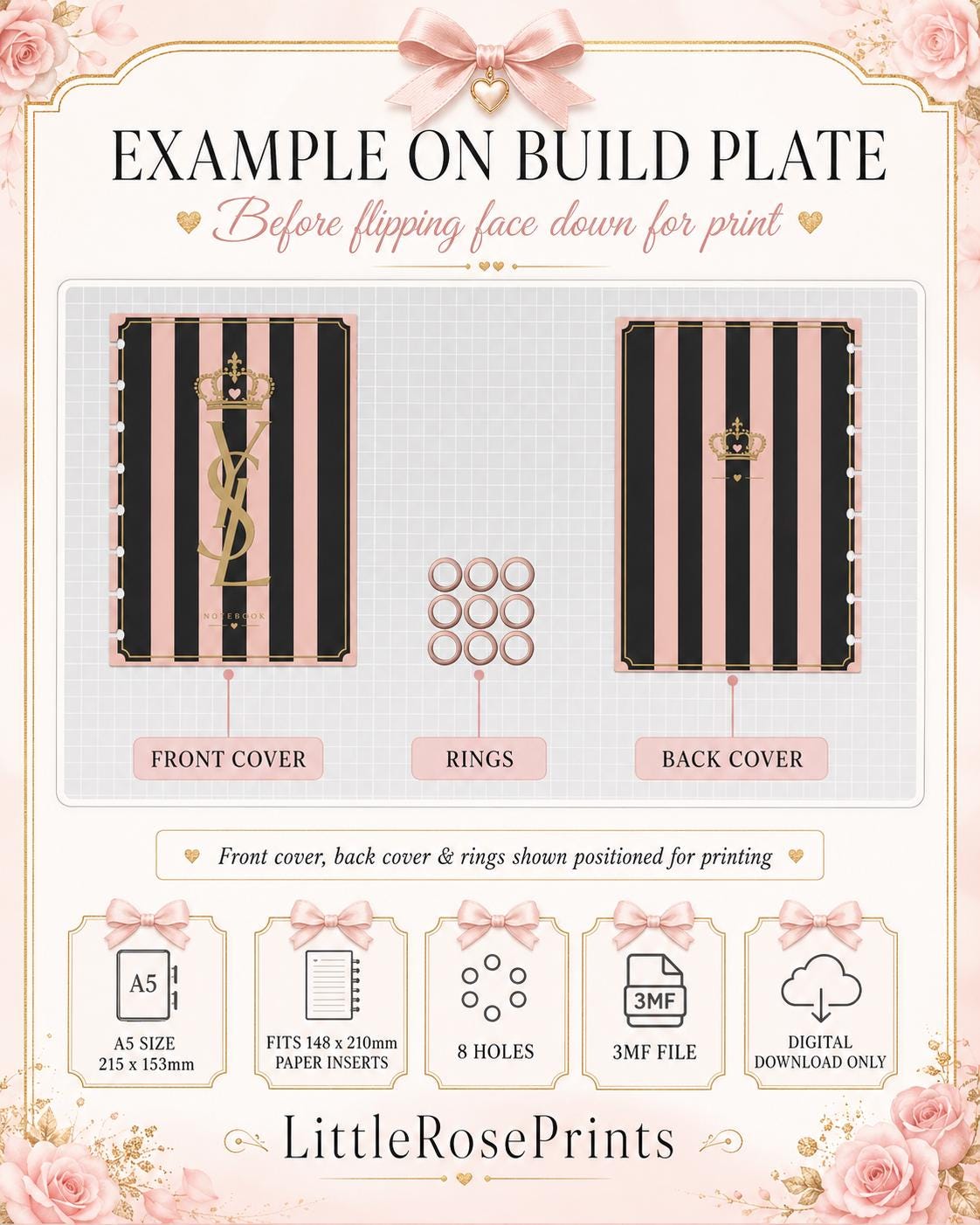A5 Luxury Notebook Cover Bundle 3MF | 4 Front & 4 Back Covers | 3D Printable Planner Cover Set | Digital Download