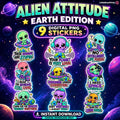 Funny Alien Digital Stickers, 9 Kawaii Sarcastic PNG Downloads