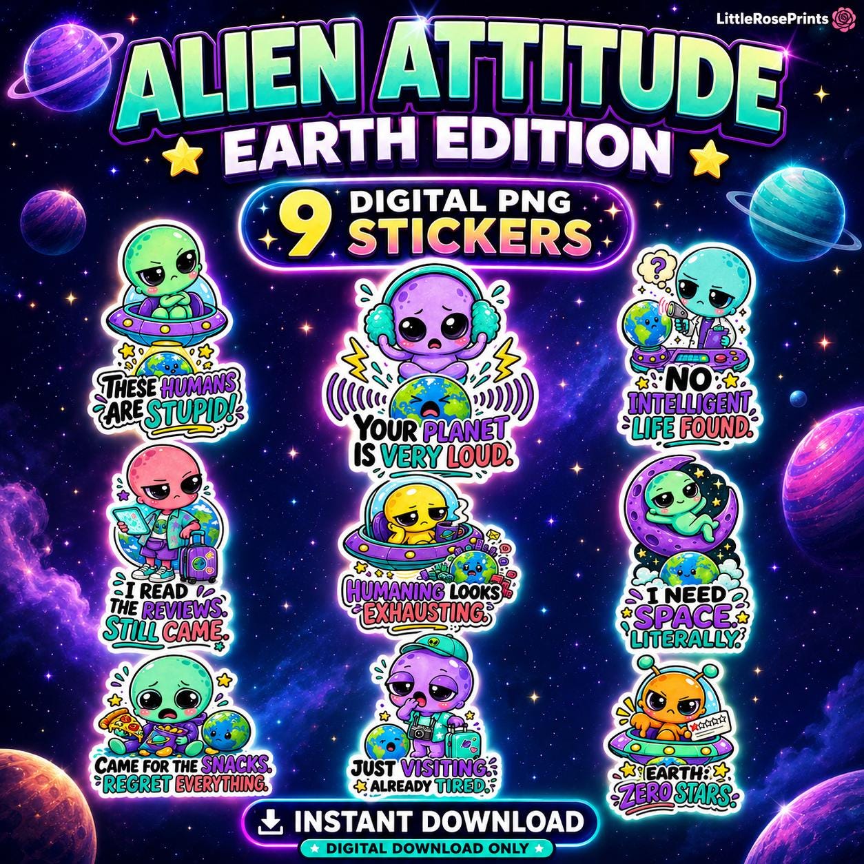 Funny Alien Digital Stickers, 9 Kawaii Sarcastic PNG Downloads