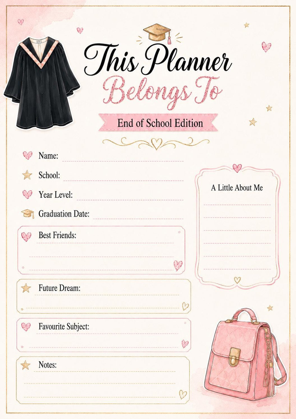 Graduation Planner & Diary | Pink End of School Memories Book (Digital Download)