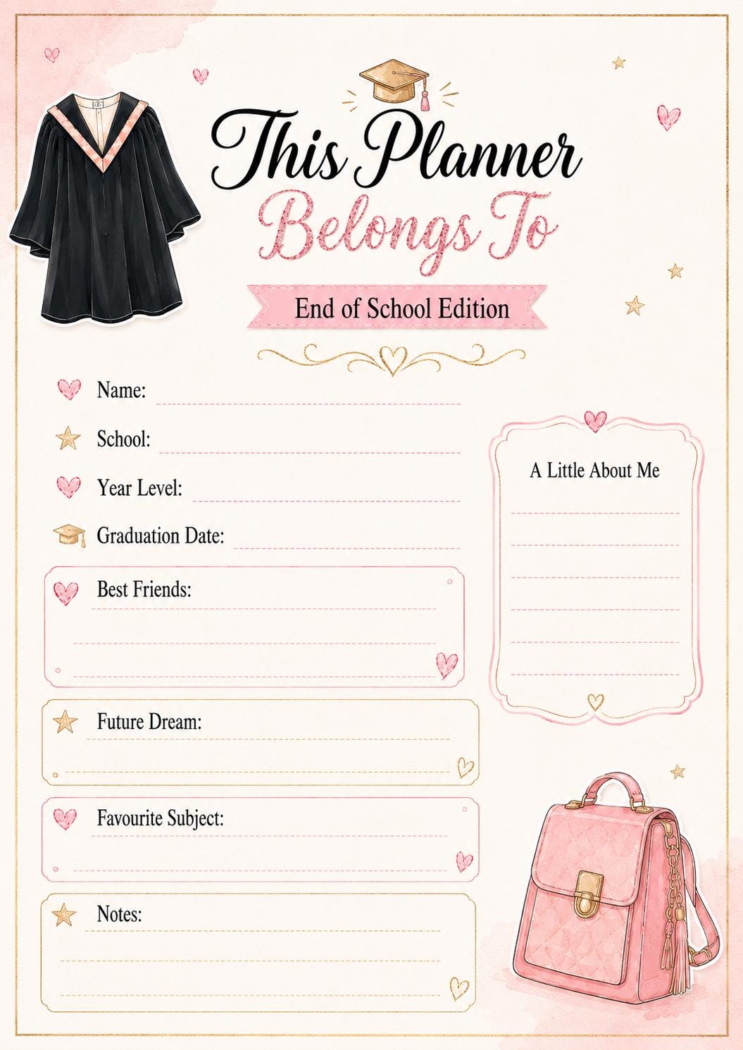 Graduation Planner & Diary | Pink End of School Memories Book (Digital Download)