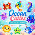 Ocean Cuties PNG Sticker Bundle | Kawaii Sea Animal Clipart | Cute Ocean Stickers | Digital Download | Planner Journal Scrapbook Stickers