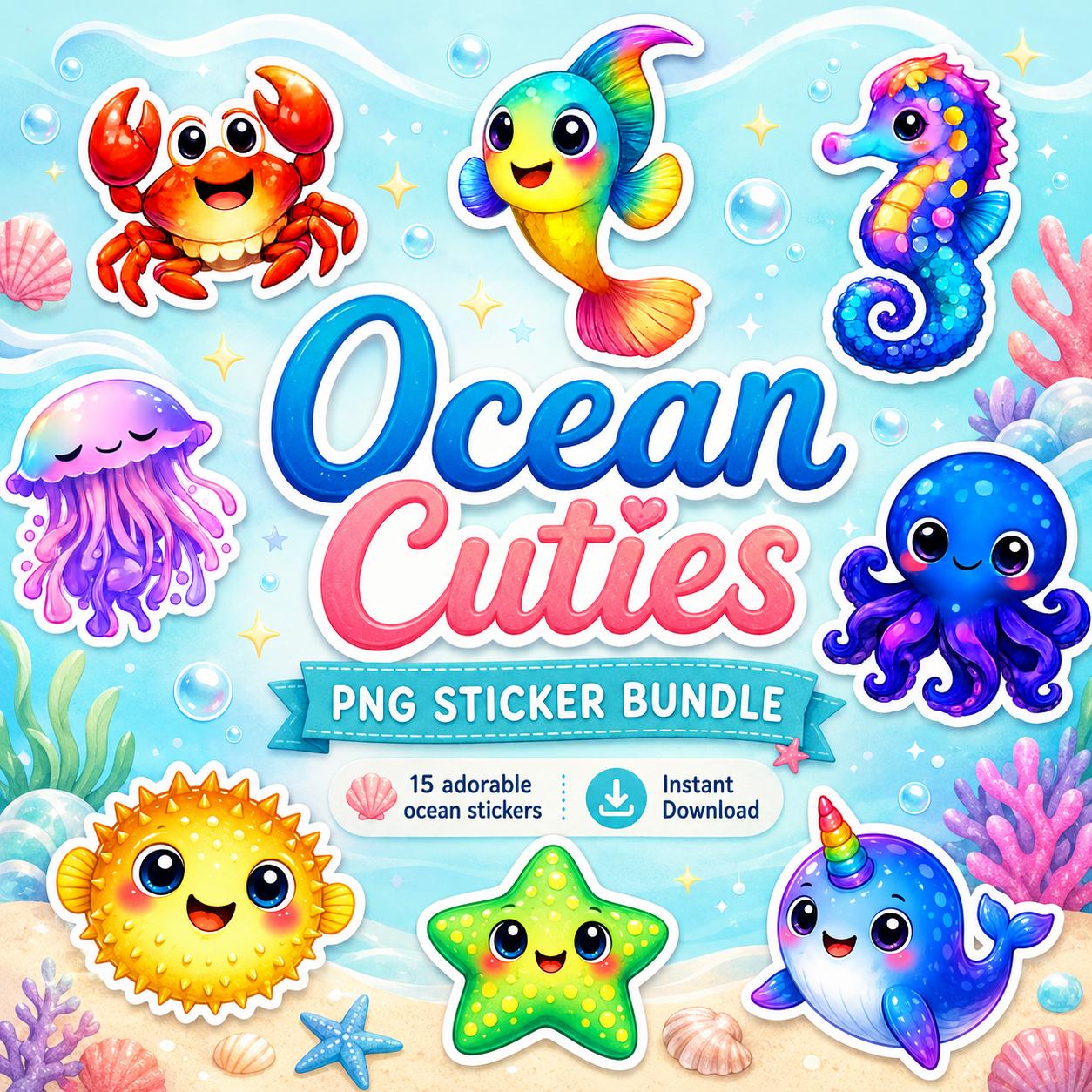 Ocean Cuties PNG Sticker Bundle | Kawaii Sea Animal Clipart | Cute Ocean Stickers | Digital Download | Planner Journal Scrapbook Stickers