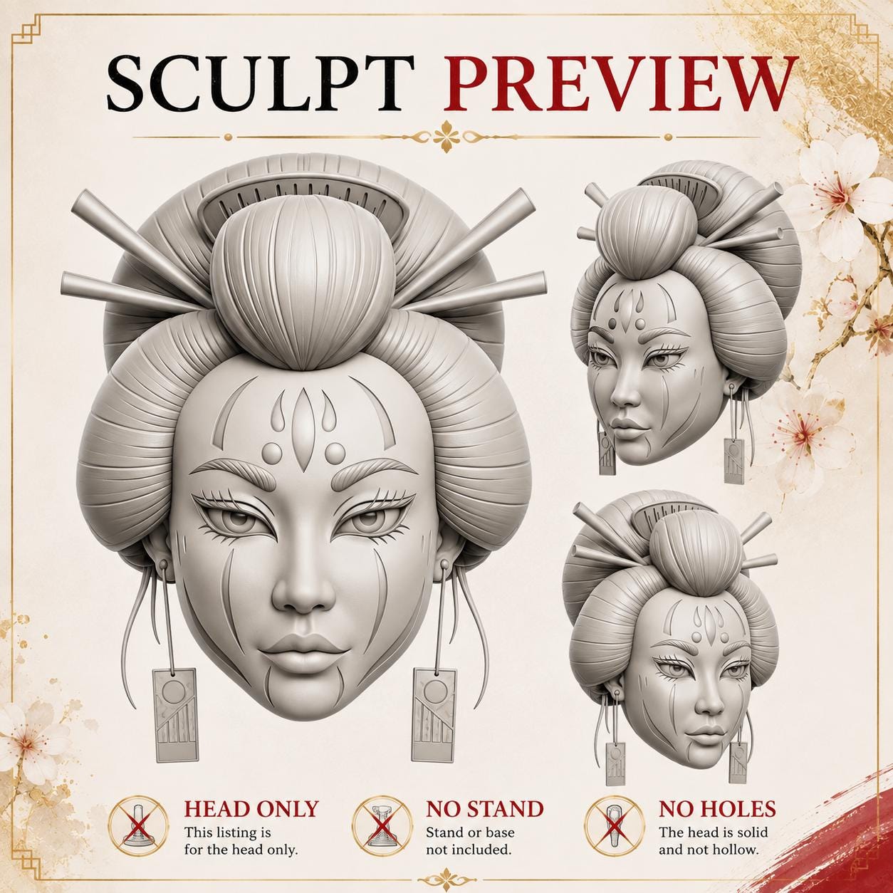 Geisha Head STL File | Japanese Inspired Female Face Sculpt | Resin 3D Printing Model | Miniature Painting Hobby Digital Download