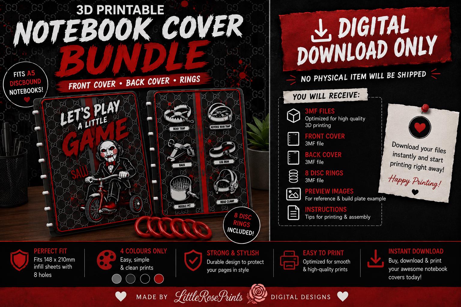 Horror Game A5 Notebook Cover 3MF Files, Discbound Cover and 8 Rings, Digital Download