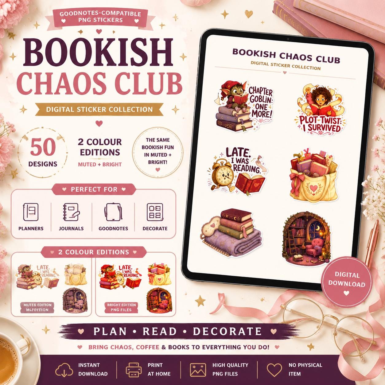 Bookish Chaos Club Sticker Bundle: 100 PNGs, Printable Sheets, GoodNotes