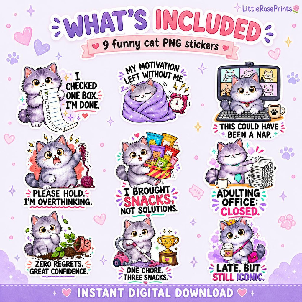 Kawaii Cat PNG Bundle, 9 Funny Digital Stickers for Planners, Journals & Print and Cut