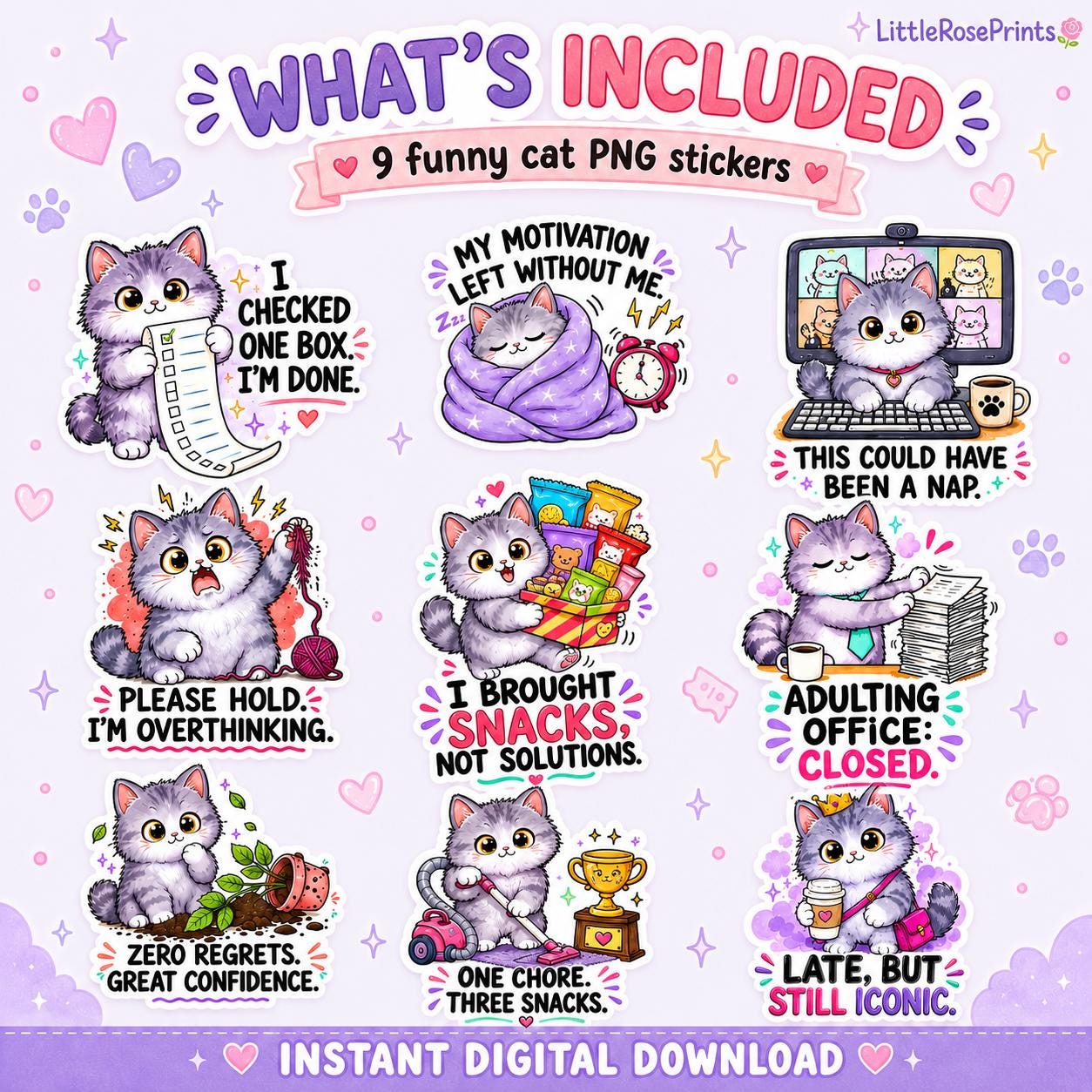 Kawaii Cat PNG Bundle, 9 Funny Digital Stickers for Planners, Journals & Print and Cut