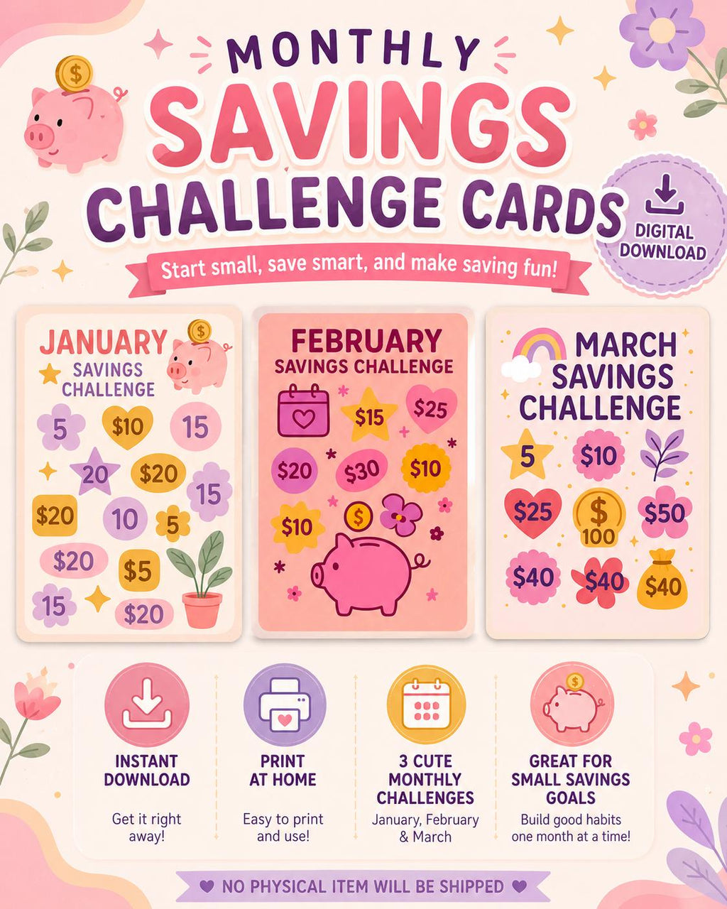 12-Month Savings Challenge Cards | Budgeting & Money Saving | Printable Instant Download