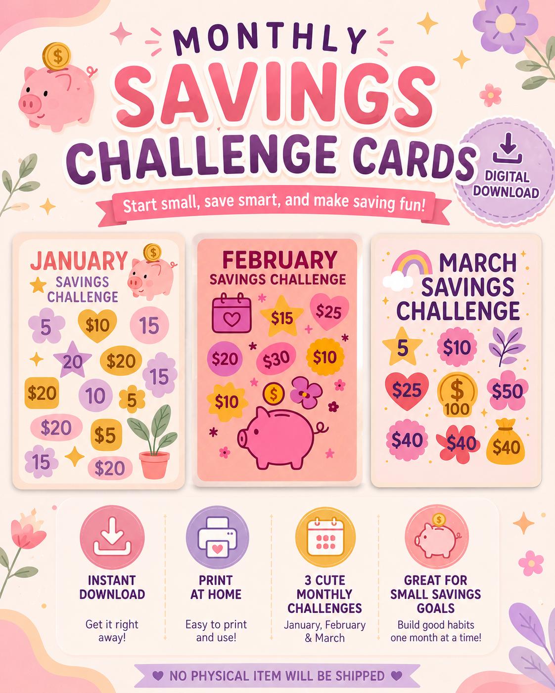 12-Month Savings Challenge Cards | Budgeting & Money Saving | Printable Instant Download