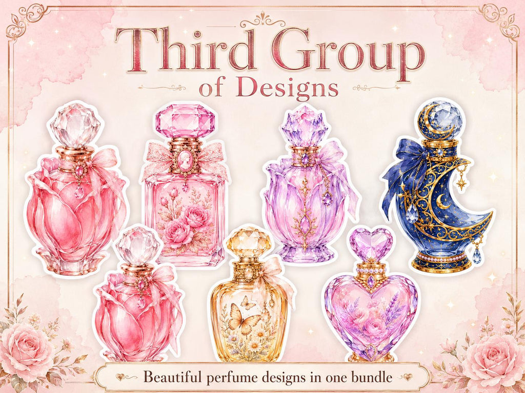 Perfume Bottle PNG Clipart Bundle, 25 Watercolor Floral Stickers for Journals and Scrapbooking