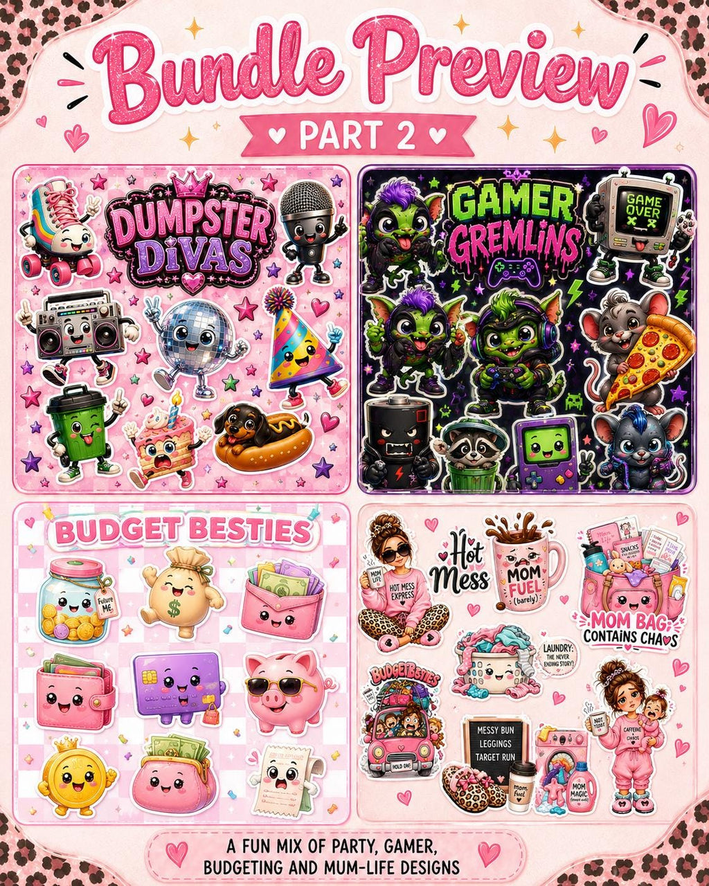 Mega Bundle 93 Cute PNG Stickers: Kawaii Clipart with 9 Themed Packs