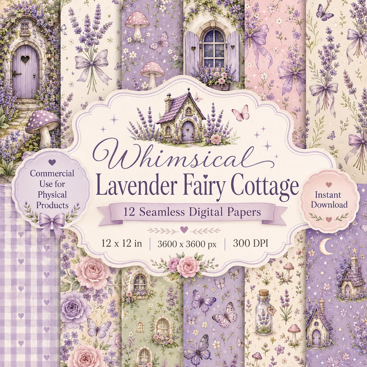 Lavender Fairy Cottage Digital Paper, Seamless Pattern Bundle, Whimsical Cottagecore Scrapbook Paper, Purple Floral Printable Paper