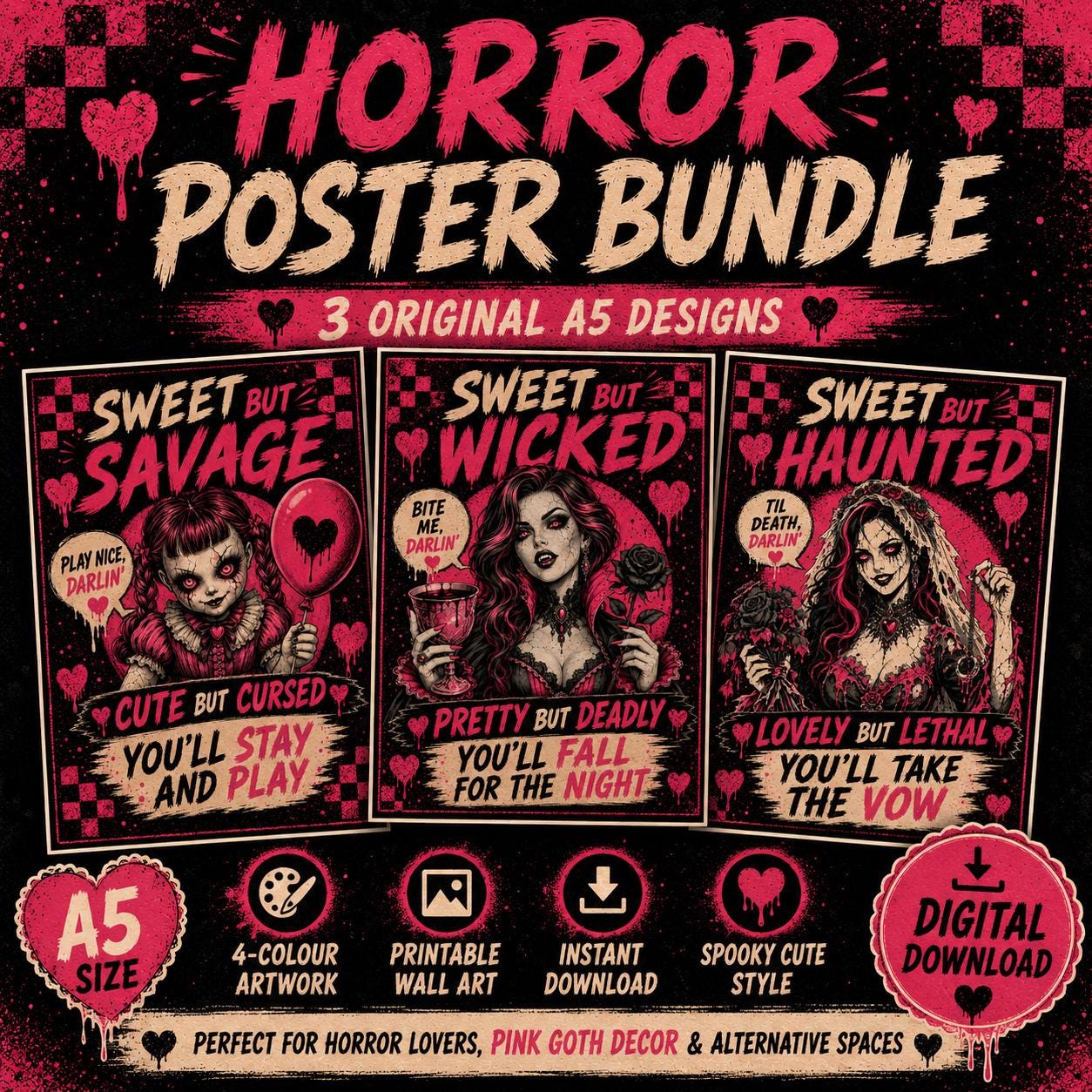Pink Horror A5 Discbound Notebook Cover Bundle, 6 Spooky 4 Colour 3MF Files, Front Back Rings, Digital Download