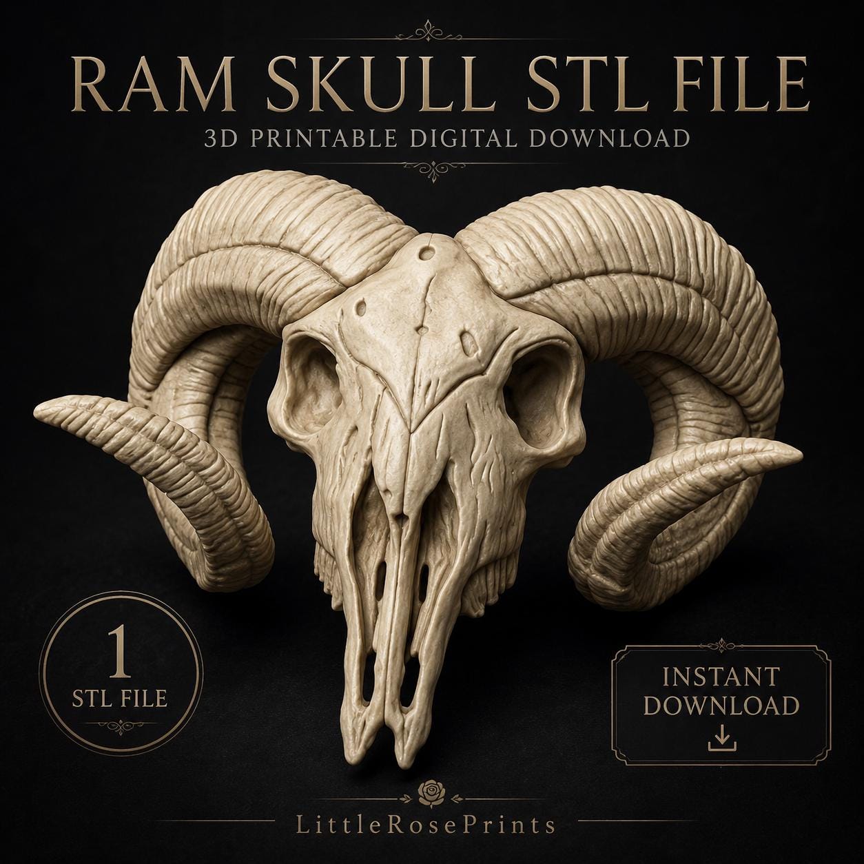 Ram-Inspired Skull STL File | Horned Skull 3D Print Model | Gothic Animal Skull Decor | Dark Fantasy STL | Digital Download