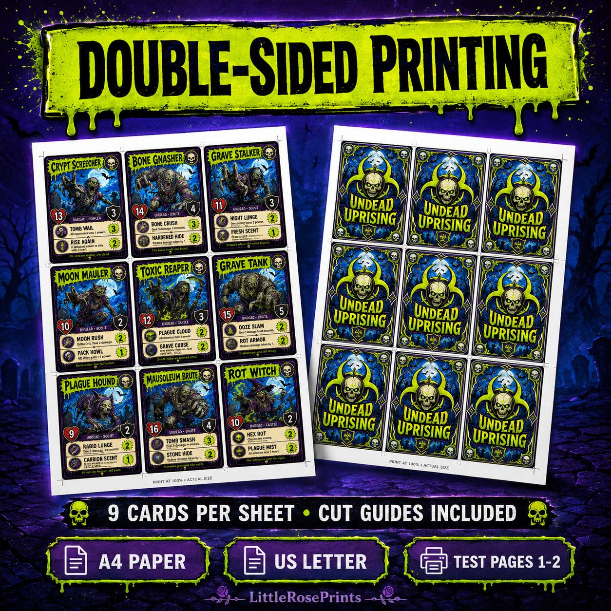 Undead Uprising Printable Battle Cards, 30 Zombie Game Cards, A4 & US Letter PDFs