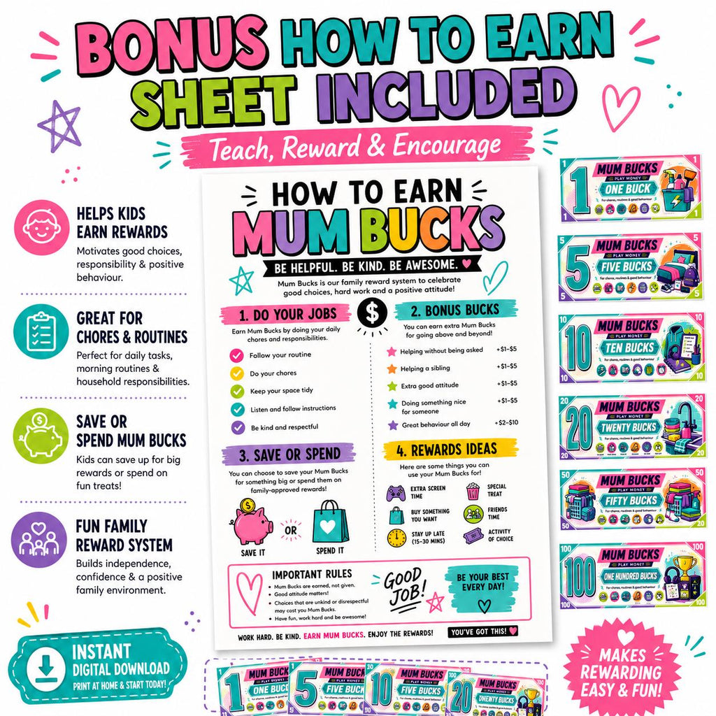 Mum Bucks Printable Reward Money, Chore Chart System, Kids Behaviour Rewards, Digital Download