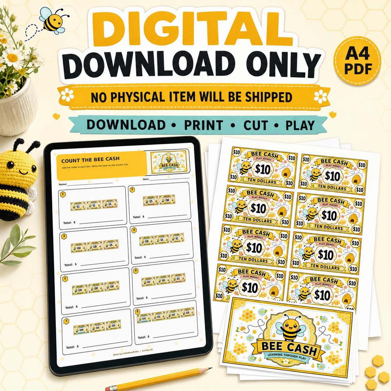 Bee Play Money Printable | Homeschool Counting & Pretend Shop Activity Pack