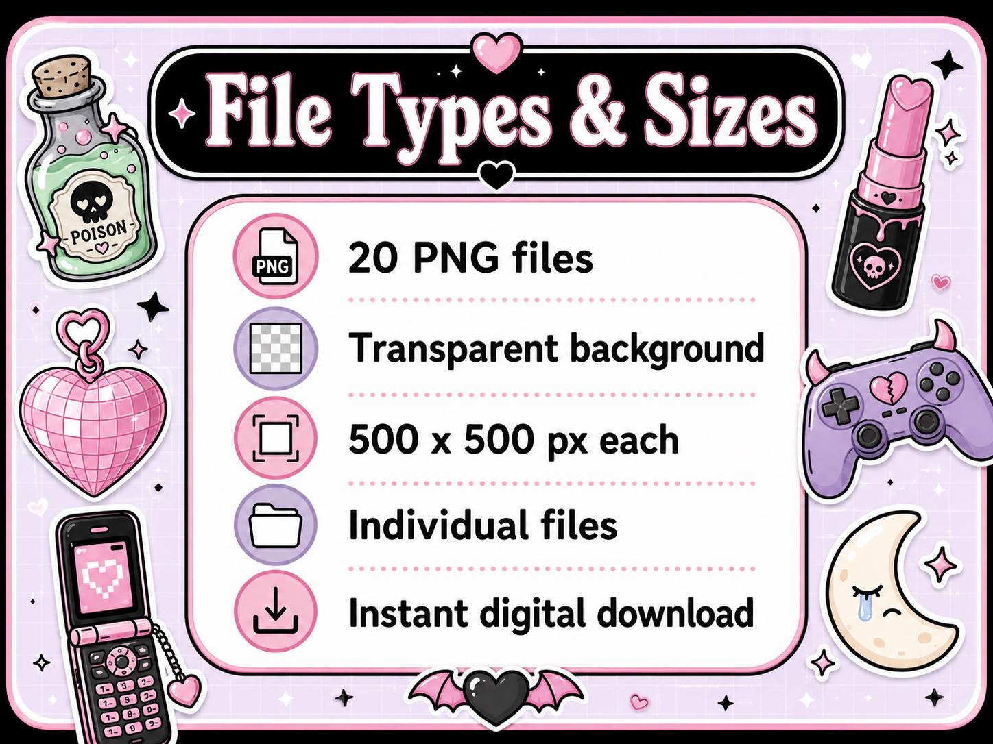 20 Pastel Goth PNG Stickers, Cute Creepy Y2K Clipart Bundle, Kawaii Emo Digital Download for Journals and Scrapbooking