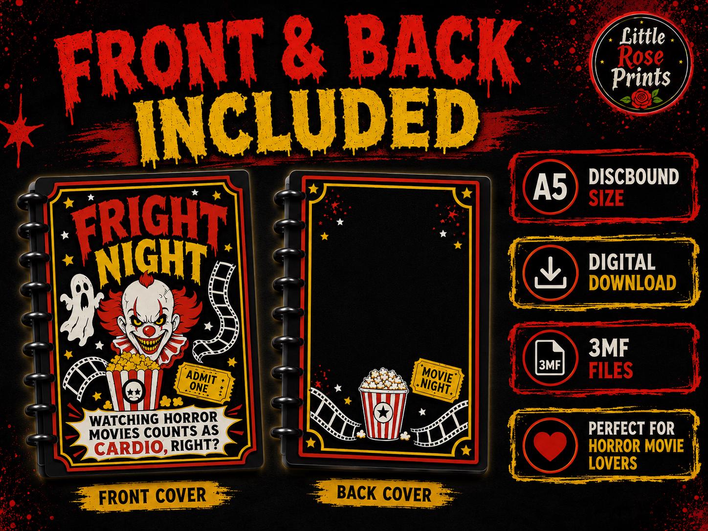 Spooky Movie Night A5 Notebook Cover 3MF Set | Funny Horror Design, Front, Back & Rings | Digital 3D Print Files