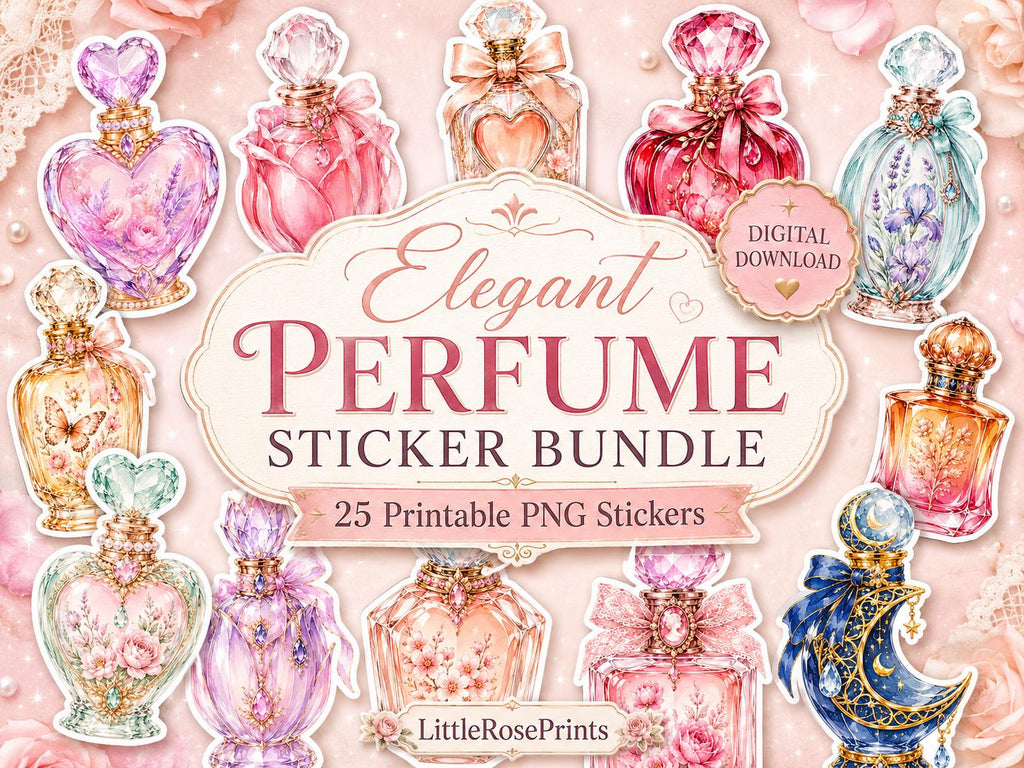 Perfume Bottle PNG Clipart Bundle, 25 Watercolor Floral Stickers for Journals and Scrapbooking