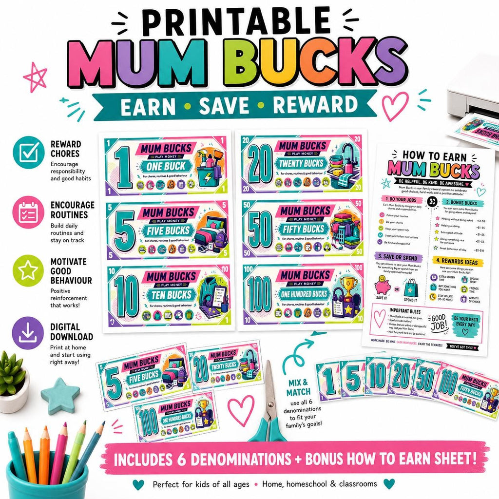 Mum Bucks Printable Reward Money, Chore Chart System, Kids Behaviour Rewards, Digital Download