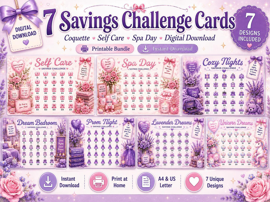 7 Savings Challenge Cards Printable Bundle, Coquette Self-Care & Spa Day, Cash Envelope Budget Binder Inserts, Digital Download
