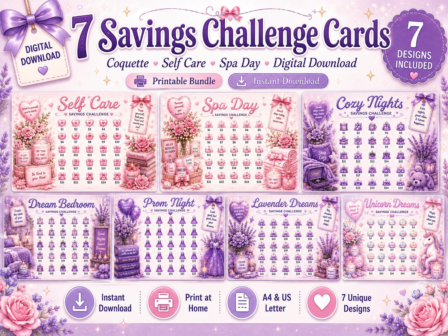 7 Savings Challenge Cards Printable Bundle, Coquette Self-Care & Spa Day, Cash Envelope Budget Binder Inserts, Digital Download