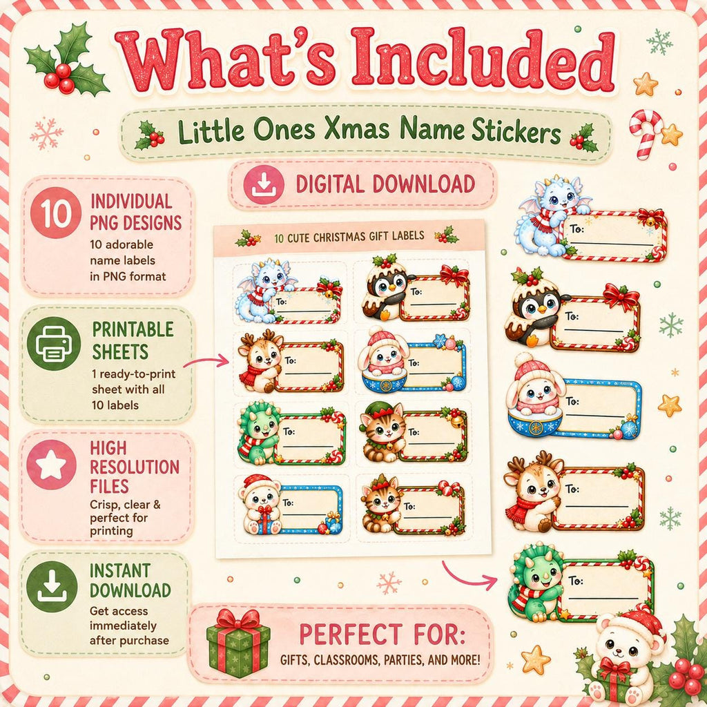 Cutie Christmas Name Labels Printable | Kawaii Christmas Gift Tags | DIY Present Stickers | Kids Christmas Labels | To From Gift Labels
