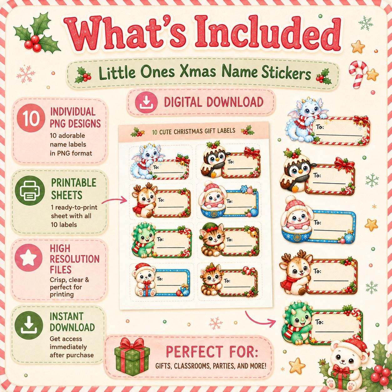 Cutie Christmas Name Labels Printable | Kawaii Christmas Gift Tags | DIY Present Stickers | Kids Christmas Labels | To From Gift Labels