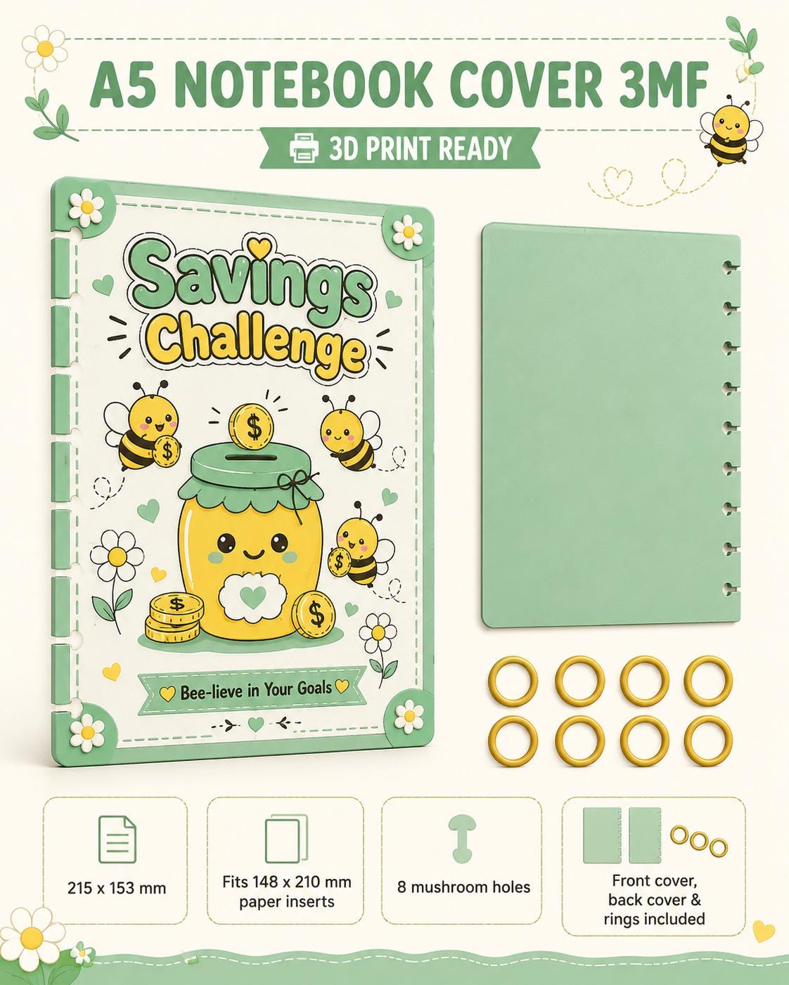 A5 Savings Challenge Notebook Cover 3MF | 3D Printable Bee Budget Planner