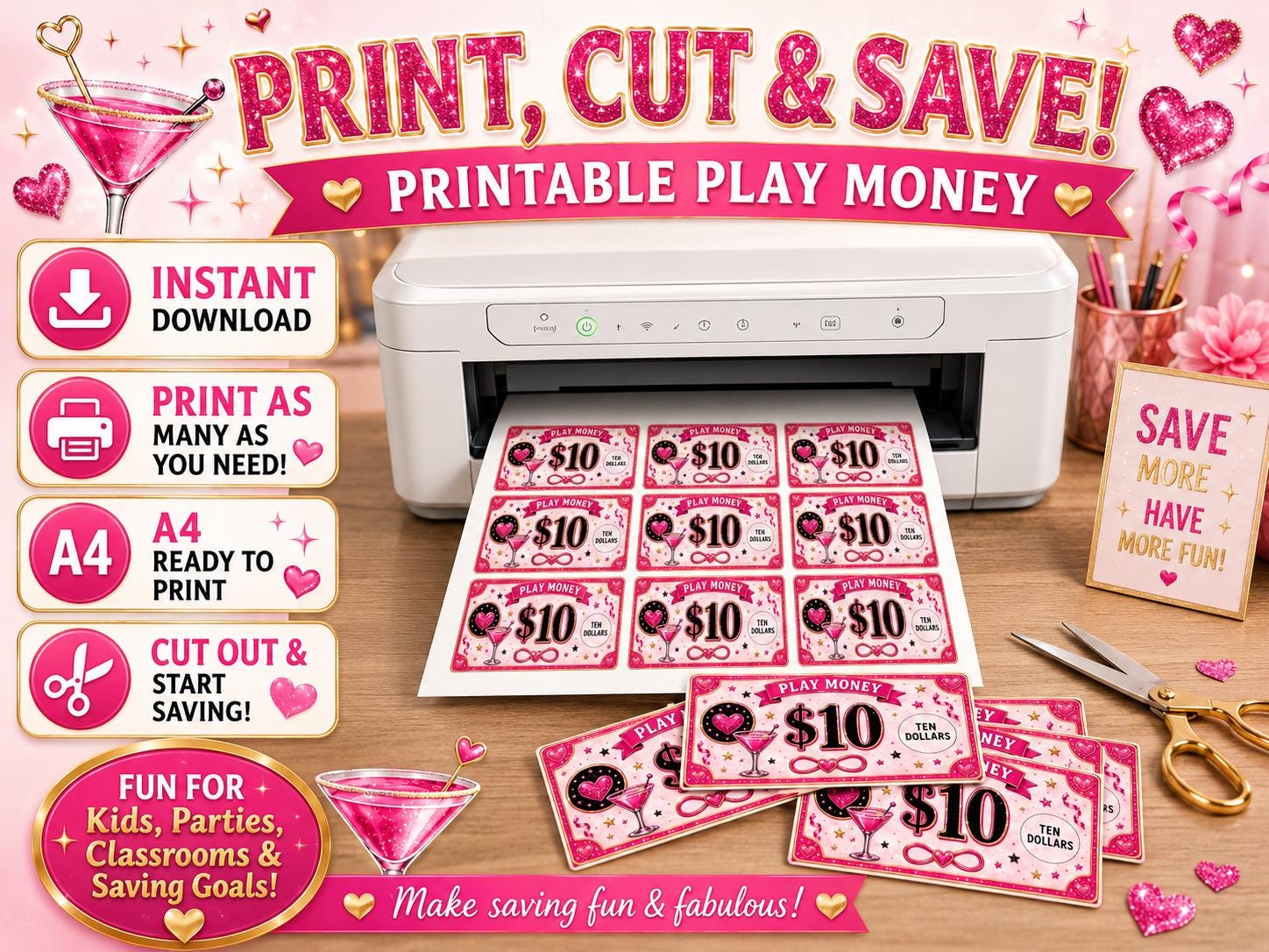 Party Theme Cash Stuffing Bundle | Infinity Savings Challenge, Play Money (Digital Download)