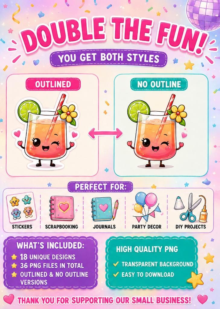 Cute Chaos Party Stickers | 18 Kawaii Party Characters | 36 PNG Files | Outlined and No Outline Clipart