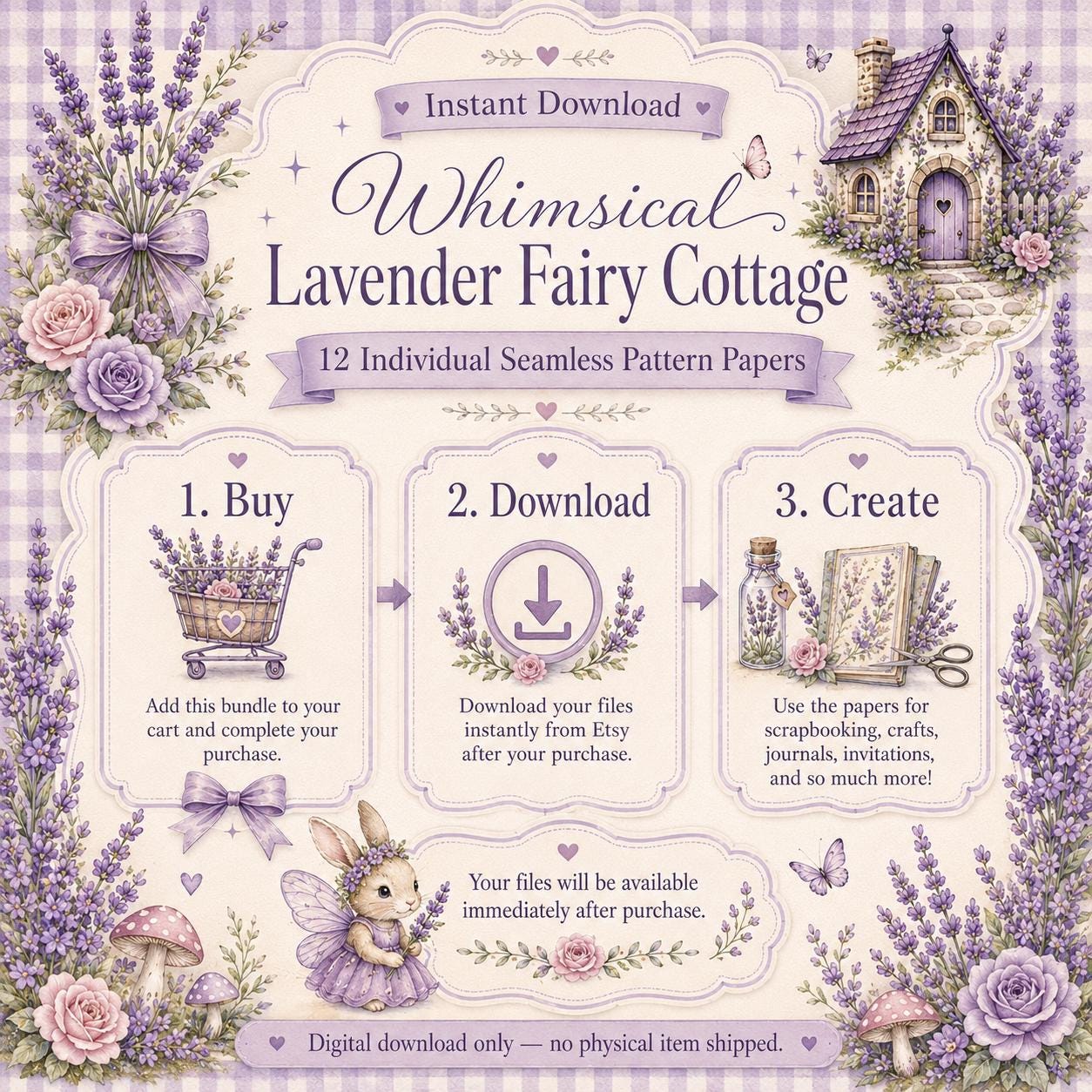 Lavender Fairy Cottage Digital Paper, Seamless Pattern Bundle, Whimsical Cottagecore Scrapbook Paper, Purple Floral Printable Paper
