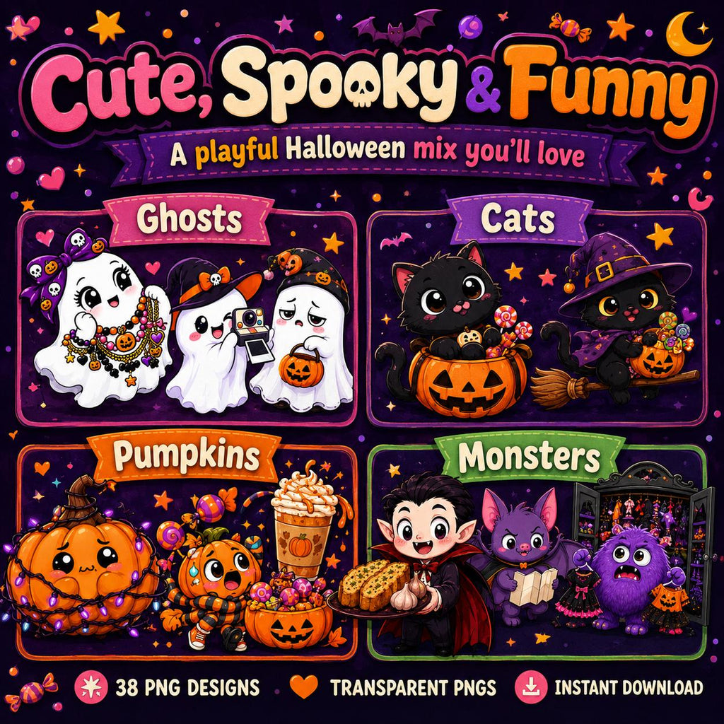 Halloween PNG Bundle, 38 Funny Cute Spooky Designs for Shirts, Stickers & Sublimation