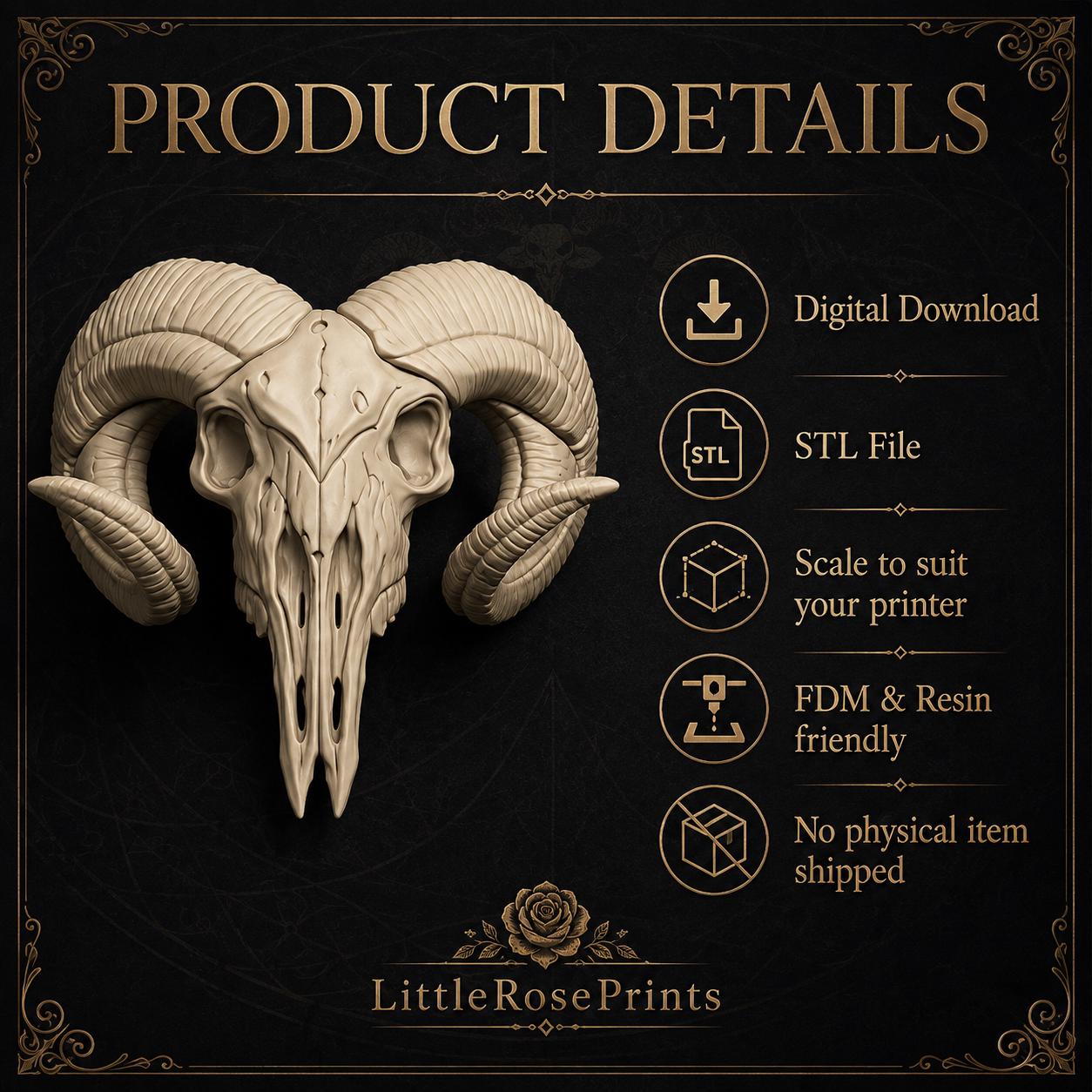 Ram-Inspired Skull STL File | Horned Skull 3D Print Model | Gothic Animal Skull Decor | Dark Fantasy STL | Digital Download