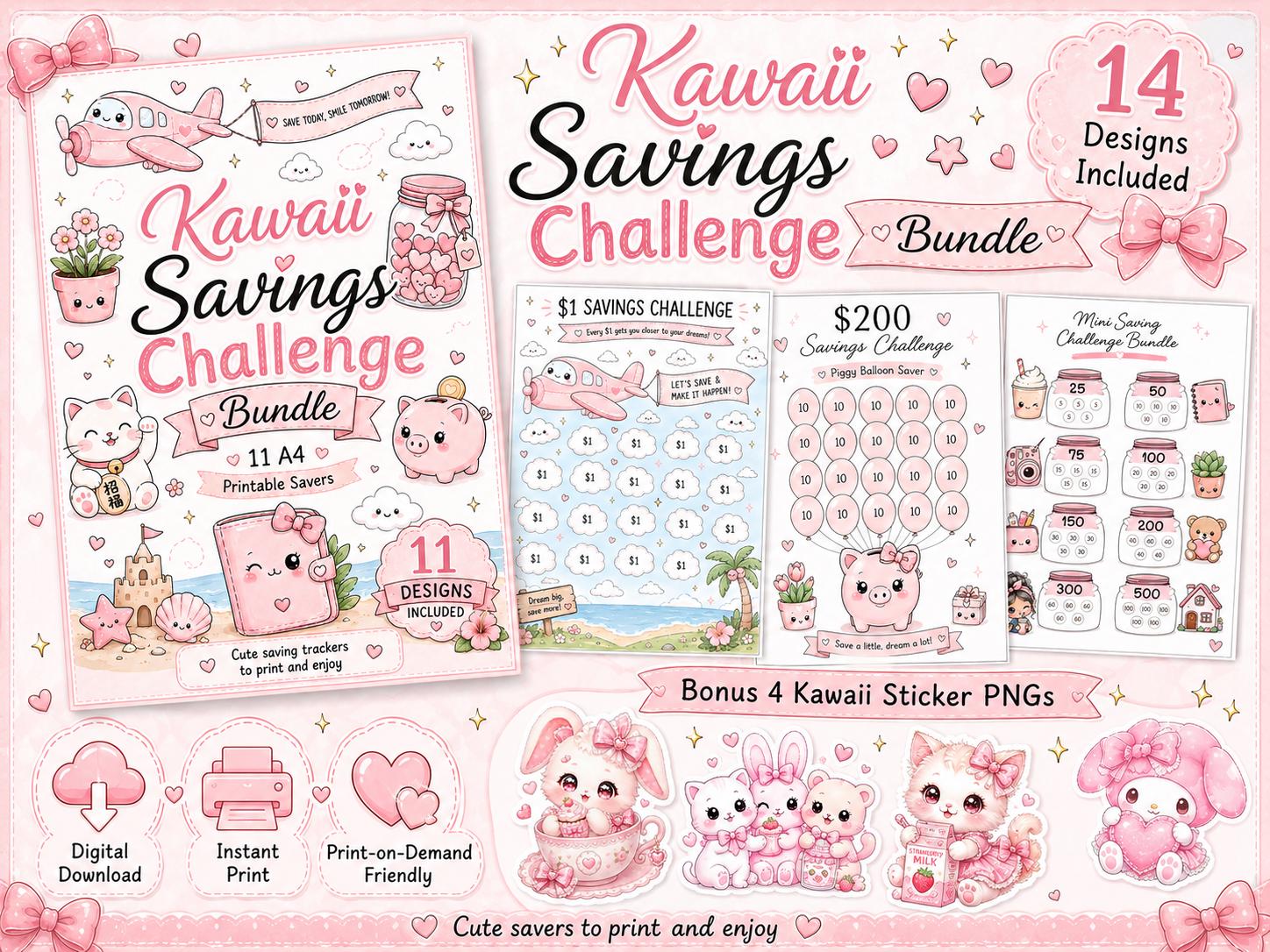 Kawaii Savings Challenge Bundle, A4 Cash Stuffing Trackers, Budget Planner (Digital Download)
