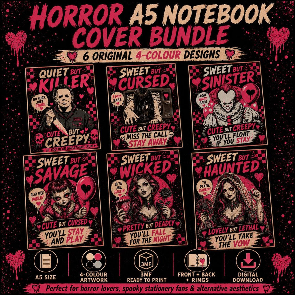 Pink Horror A5 Discbound Notebook Cover Bundle, 6 Spooky 4 Colour 3MF Files, Front Back Rings, Digital Download