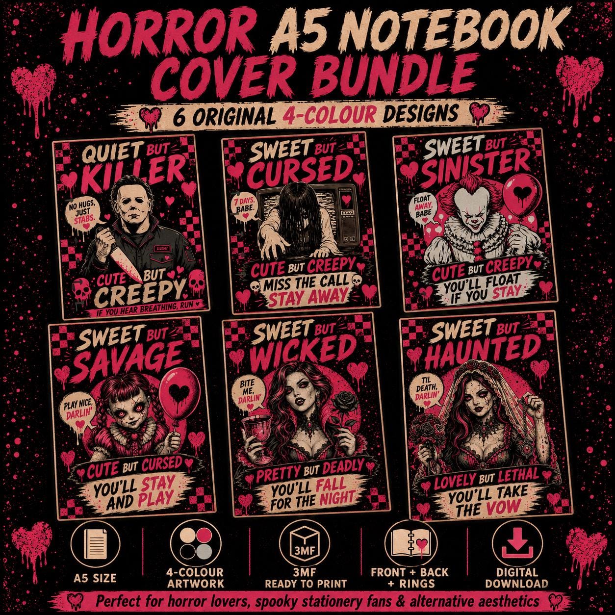 Pink Horror A5 Discbound Notebook Cover Bundle, 6 Spooky 4 Colour 3MF Files, Front Back Rings, Digital Download