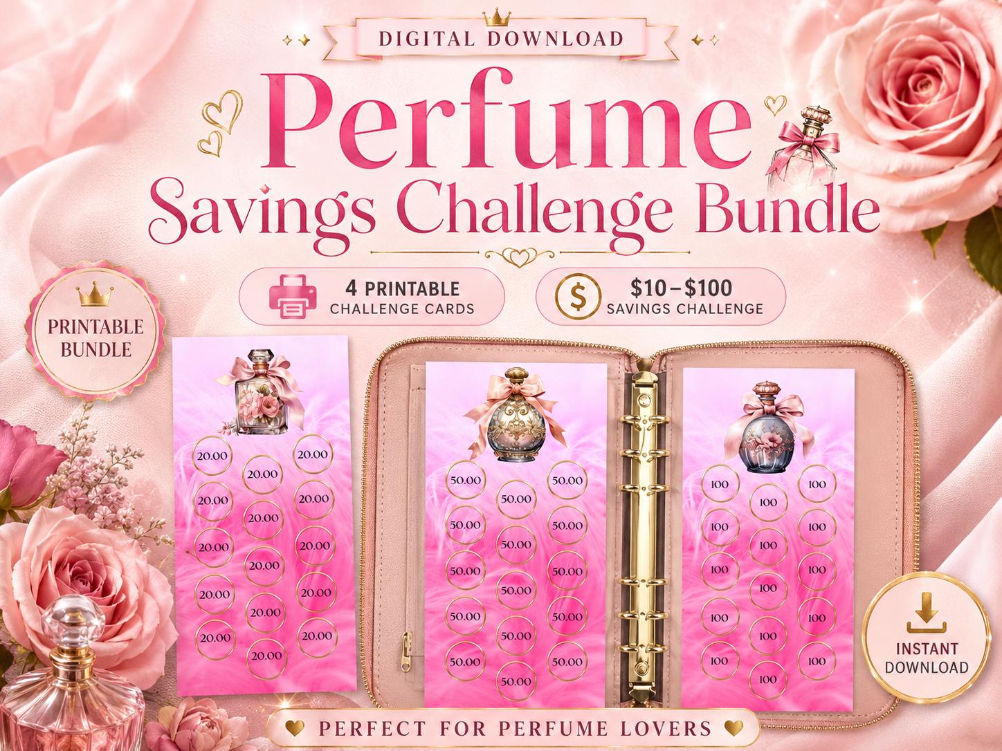 Perfume Savings Challenge | Small Income Saver Printable | Pink Budget Binder Tracker | Elegant Perfume Theme