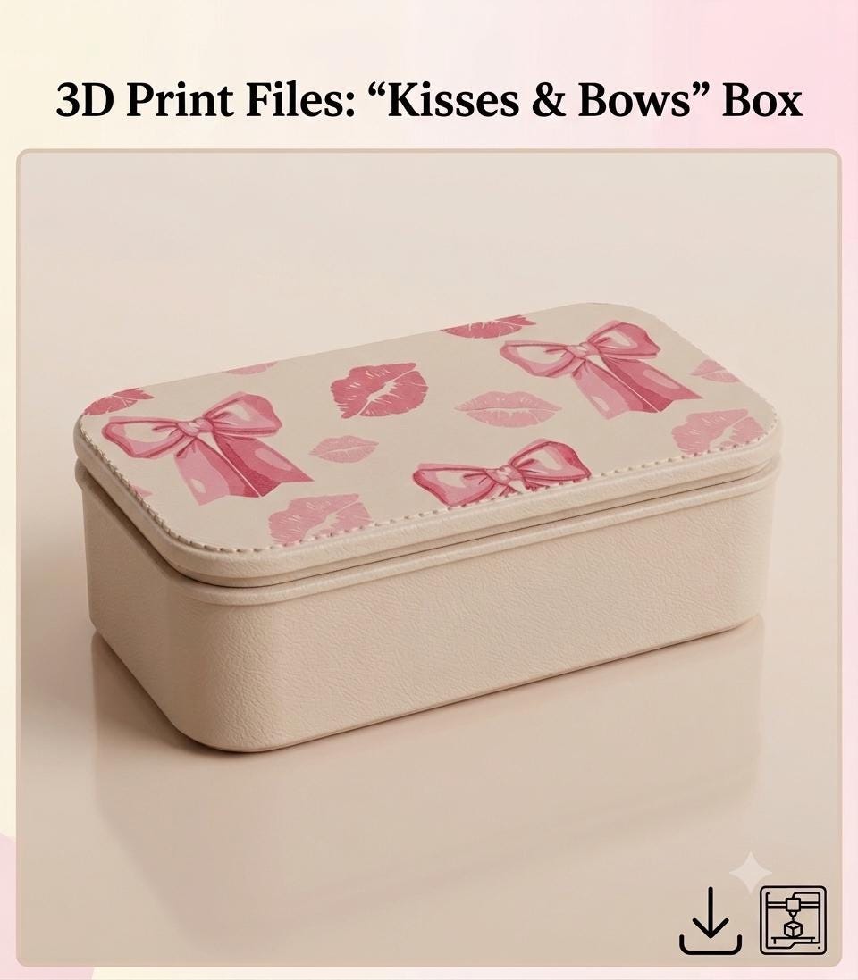 3D Print File Bows & Kisses Box .3MF | Cute Desktop Container, Makeup Organizer, Jewelry Storage | Multi-Color STL / 3MF Digital Download